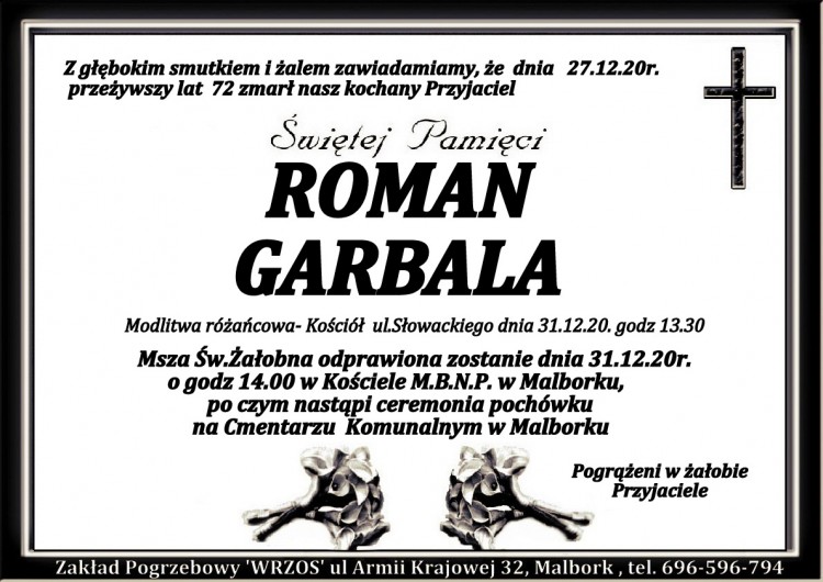 Zmarł Roman Garbala. Żył 72 lata.