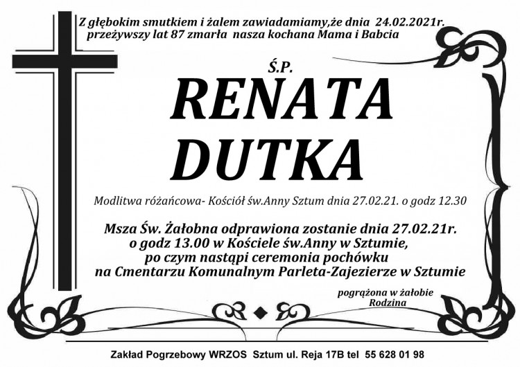 Zmarła Renata Dutka. Żyła 87 lat.